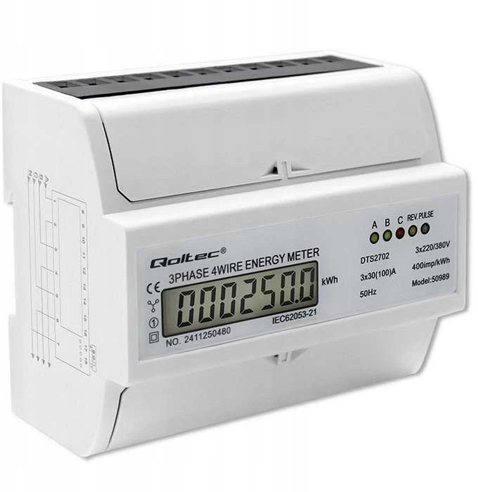 „Qoltec“ 3 fazių dvikryptis elektroninis skaitiklis | Energijos skaitiklis, montuojamas ant DIN bėgelio | 400 V | 100 A | LCD | 4P