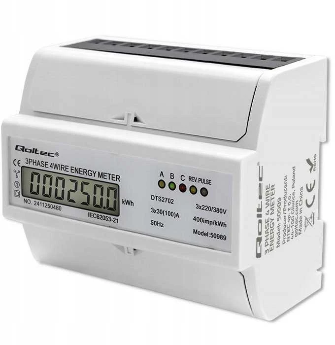 „Qoltec“ 3 fazių dvikryptis elektroninis skaitiklis | Energijos skaitiklis, montuojamas ant DIN bėgelio | 400 V | 100 A | LCD | 4P