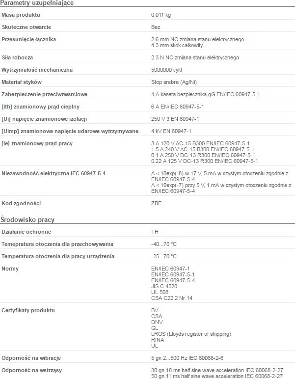 ZBE701 kontaktų vieneto techninė specifikacija