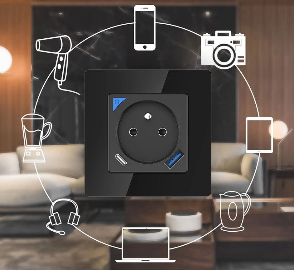 Schneider Electric T410U PSMART Smart išmanusis lizdas juodas Wi-Fi TUYA su matavimu USB+USB-C