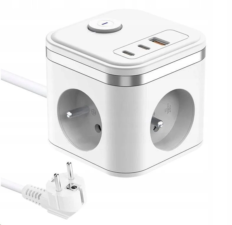 Viking maitinimo adapteris YC33, 3x 230 V, 1x USB-A, 2x USB-C, ON/OFF mygtukas, ilgis 1,4 m, baltas