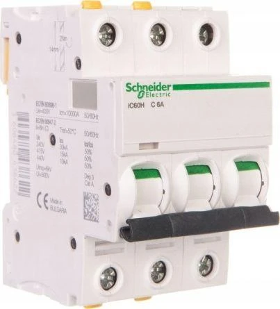 „Schneider Electric“ grandinės pertraukiklis 3P B 10A 10kA AC iC60H-B10-3 (A9F06310)