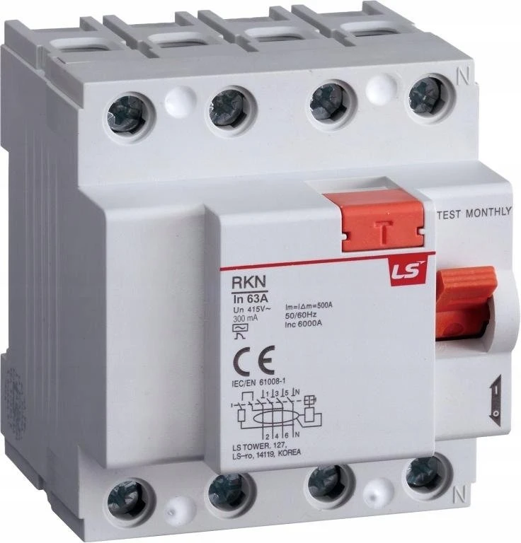 Schneider Electric Lsis RKN4P 63A 300MAA Liekamosios srovės grandinės pertraukiklis 4P 63A 0,3A tipas A RKN4P 63A 300MAA 06220467R0