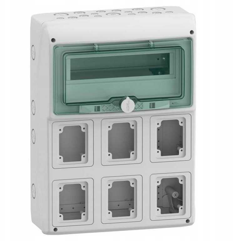 Schneider 13181 Mureva IP65 ant paviršiaus montuojami skirstomieji įrenginiai 1x12, skirti gMRV-1-12+1-NT-T/6 lizdams 6 skylės 90x100mm 13181