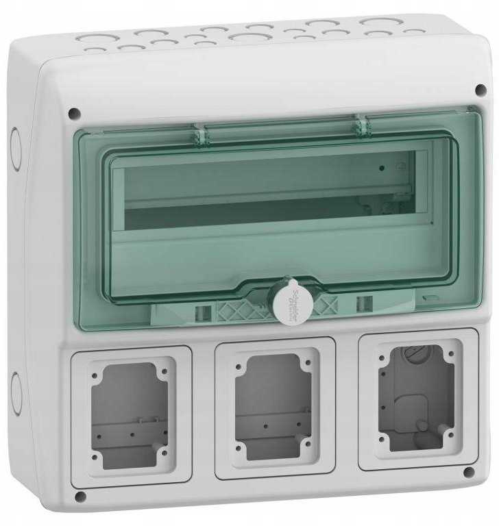 Schneider 13180 Mureva IP65 ant paviršiaus montuojami skirstomieji įrenginiai 1x12, skirti gMRV-1-12+1-NT-T/3 lizdams 3 skylės 90x100mm 13180