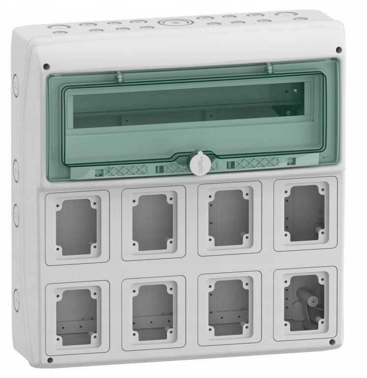 Schneider 13182 Skirstyklė 1x18 paviršiuje montuojama Mureva IP65, skirta gMRV-1-18+1-NT-T/8 lizdams 8 skylės 90x100mm 13182