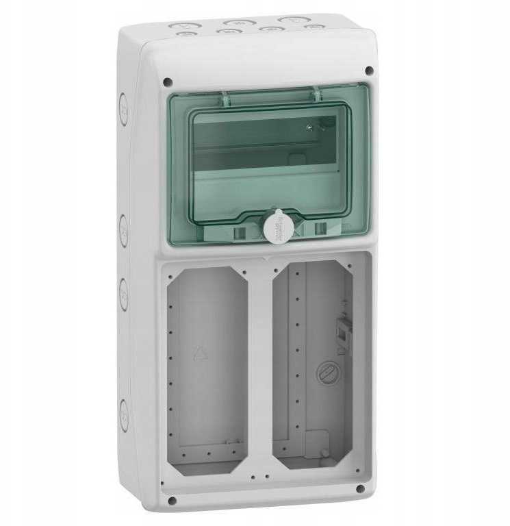 Schneider 13186 Mureva IP65 ant paviršiaus montuojamas 1x8 skirstomasis įrenginys, skirtas prijungti gMRV-1-8-NT-T/10 lizdus 2 skylės 103x225mm 13186