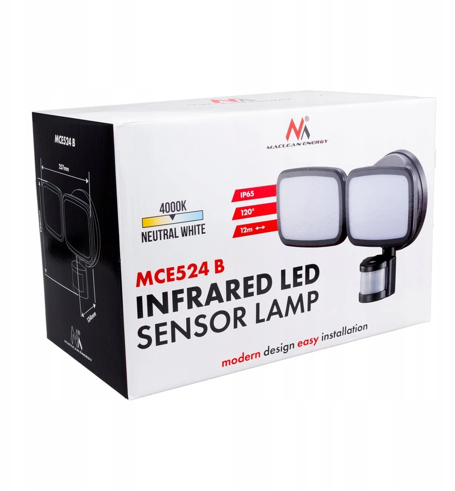 Maclean LED sieninis šviestuvas, su PIR jutikliu, 20W, 1500lm, IP65, neutralus baltas 4000K, juodas, MCE524 B