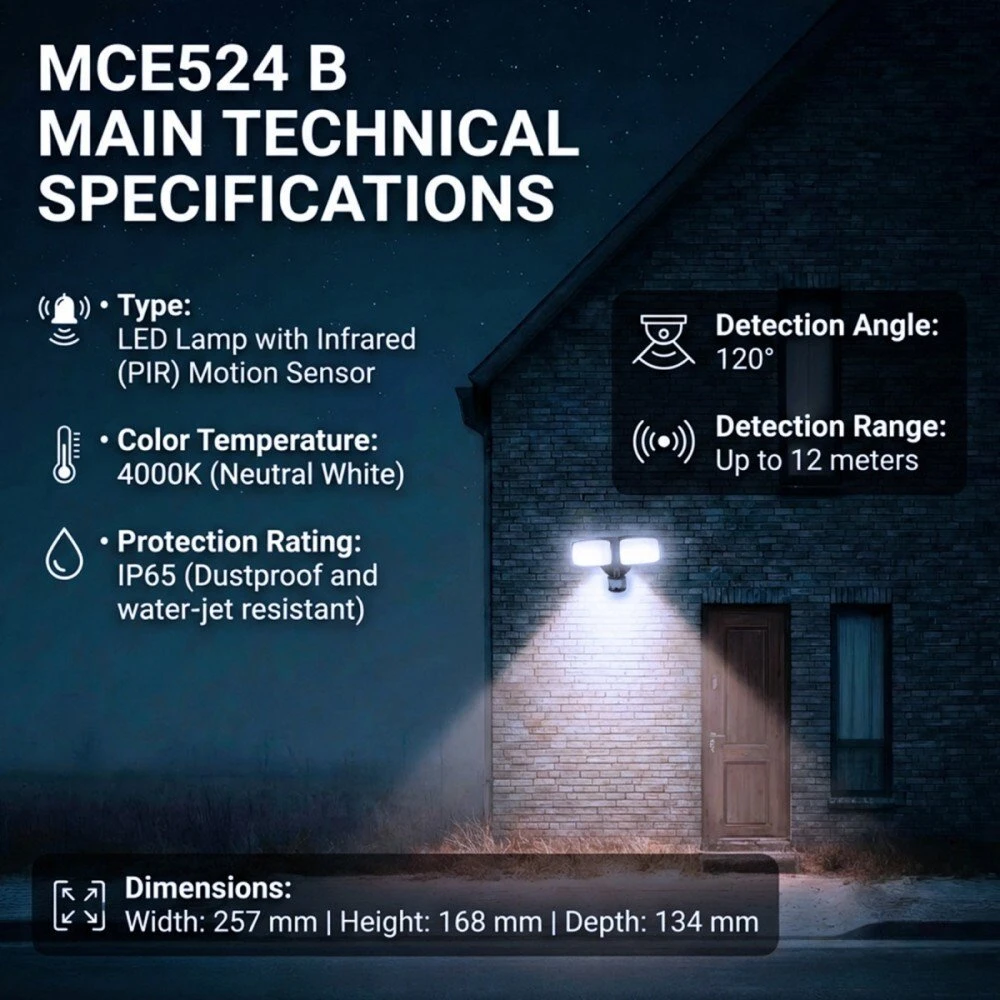 Maclean LED sieninis šviestuvas, su PIR jutikliu, 20W, 1500lm, IP65, neutralus baltas 4000K, juodas, MCE524 B