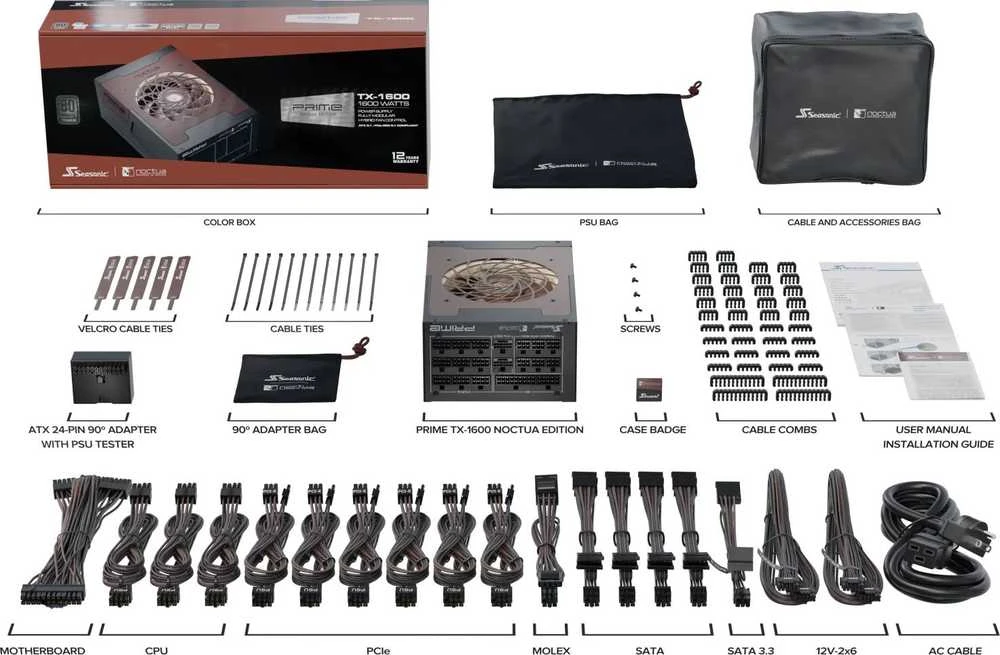 „Seasonic Prime TX-1600 Noctua Edition“ maitinimo šaltinis, „80 PLUS Titanium“, modulinis, ATX 3.1, PCIe 5.0 × 1600 vatų