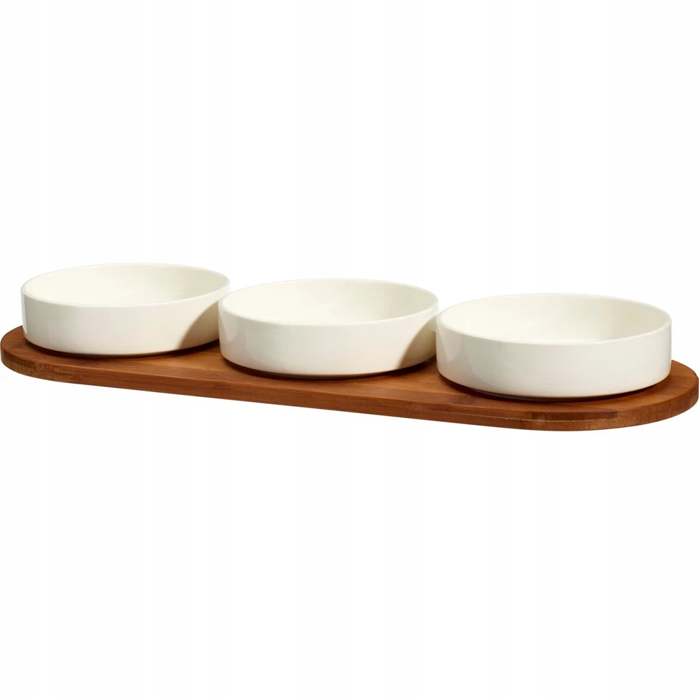 Mondex Bamboo Porcelianinių dubenėlių rinkinys užkandžiams patiekti APERIO, 3 x 390 ml, bambukinis padėklas