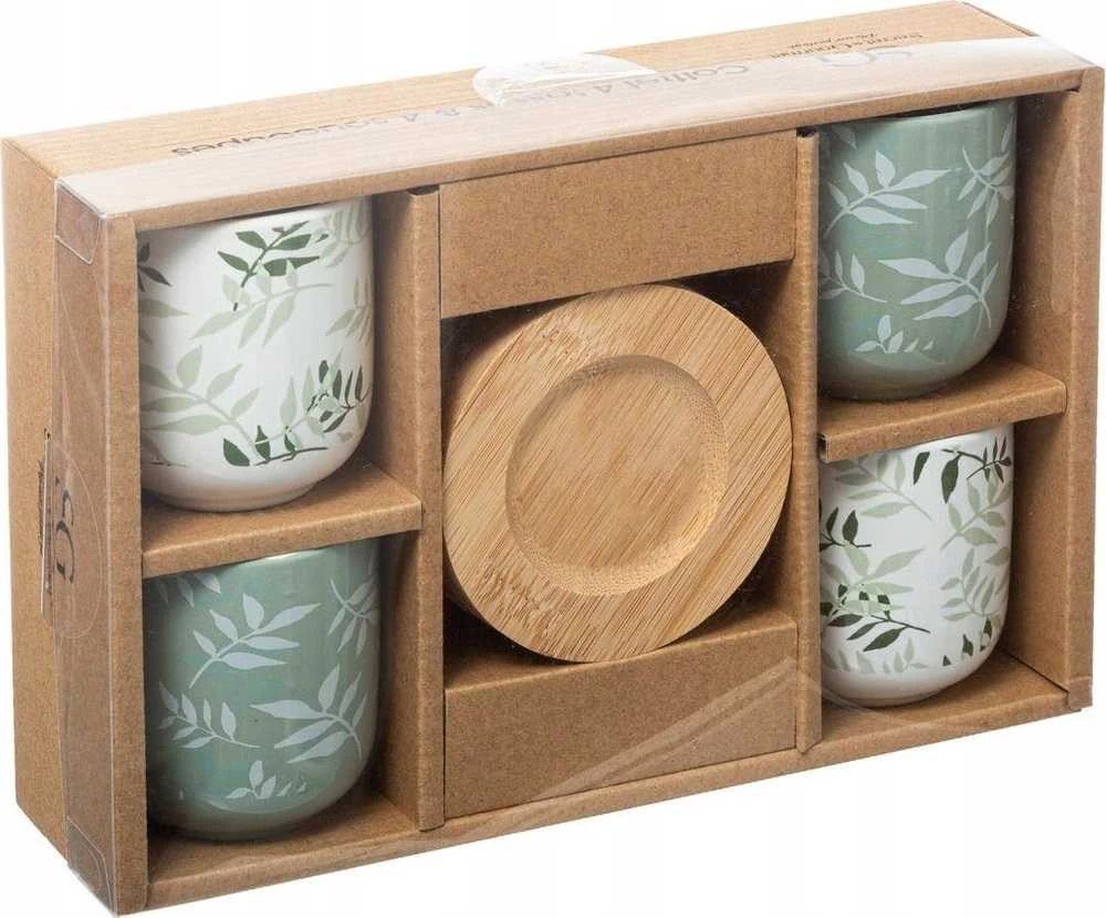 Secret De Gourmet Keraminiai puodeliai su bambukiniais padėkliukais, 4 vnt, 130 ml