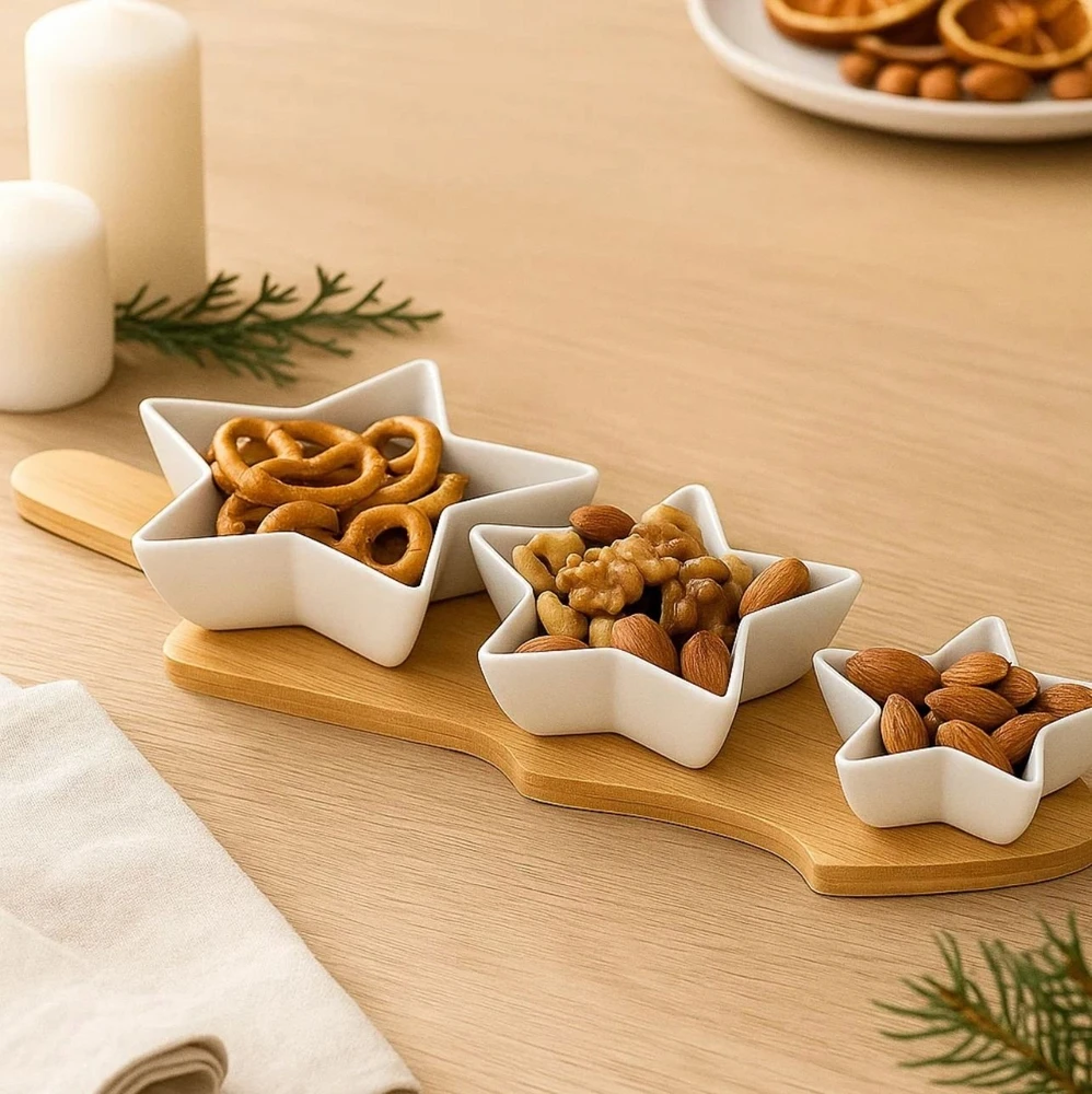 Secret De Gourmet Porceliano užkandžių serviravimo komplektas su padėklu - 4 dalių - Dipsai ir užkandžiai