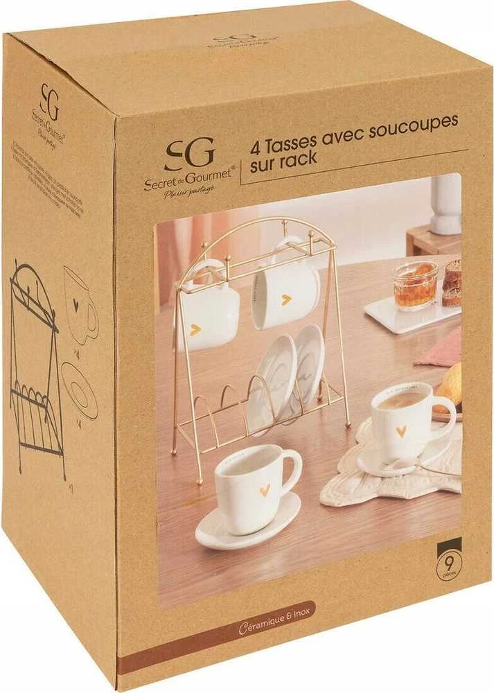 Secret De Gourmet Kavos rinkinys: 4 porcelianiniai puodeliai ir lėkštutės, ant stovo FLORAL, 170 ml