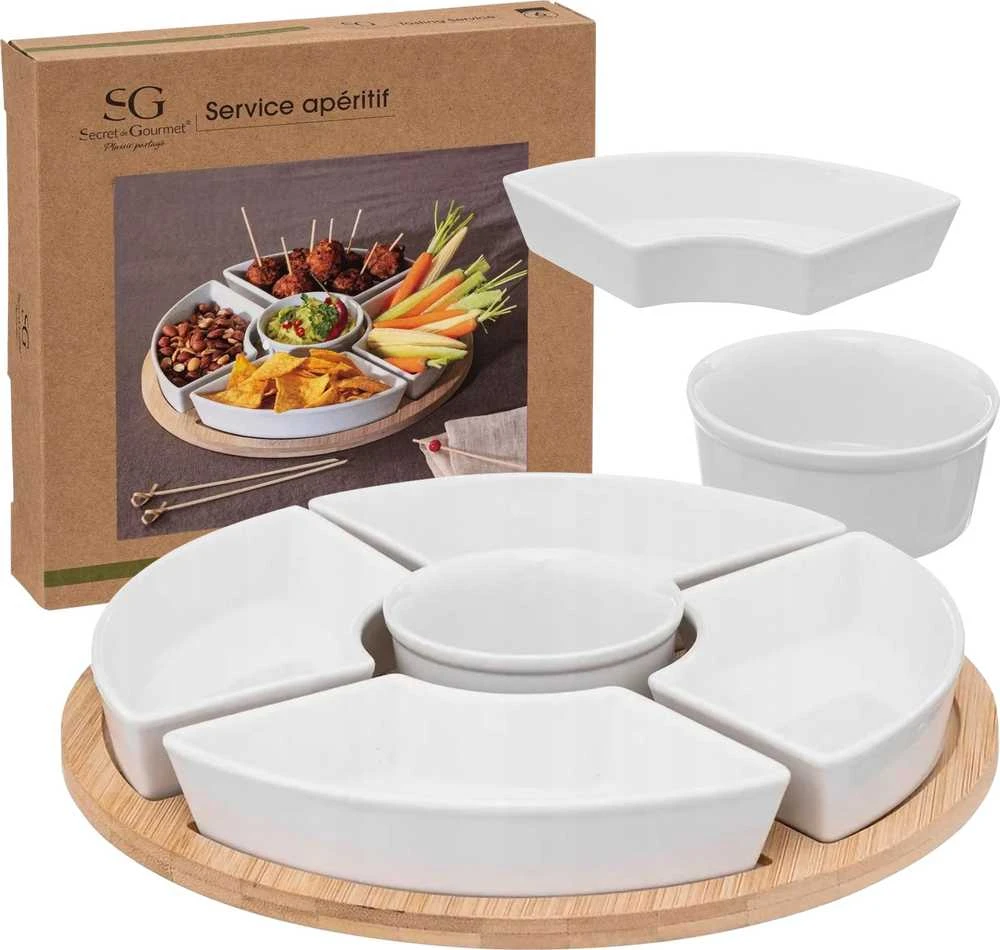 Secret De Gourmet Bamboo Užkandžių rinkinys: 6 porcelianiniai dubenys + bambukinis padėklas