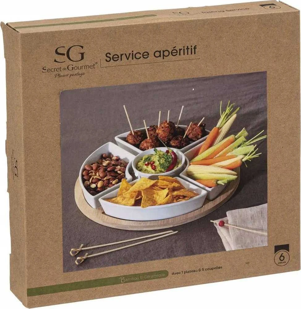 Secret De Gourmet Bamboo Užkandžių rinkinys: 6 porcelianiniai dubenys + bambukinis padėklas
