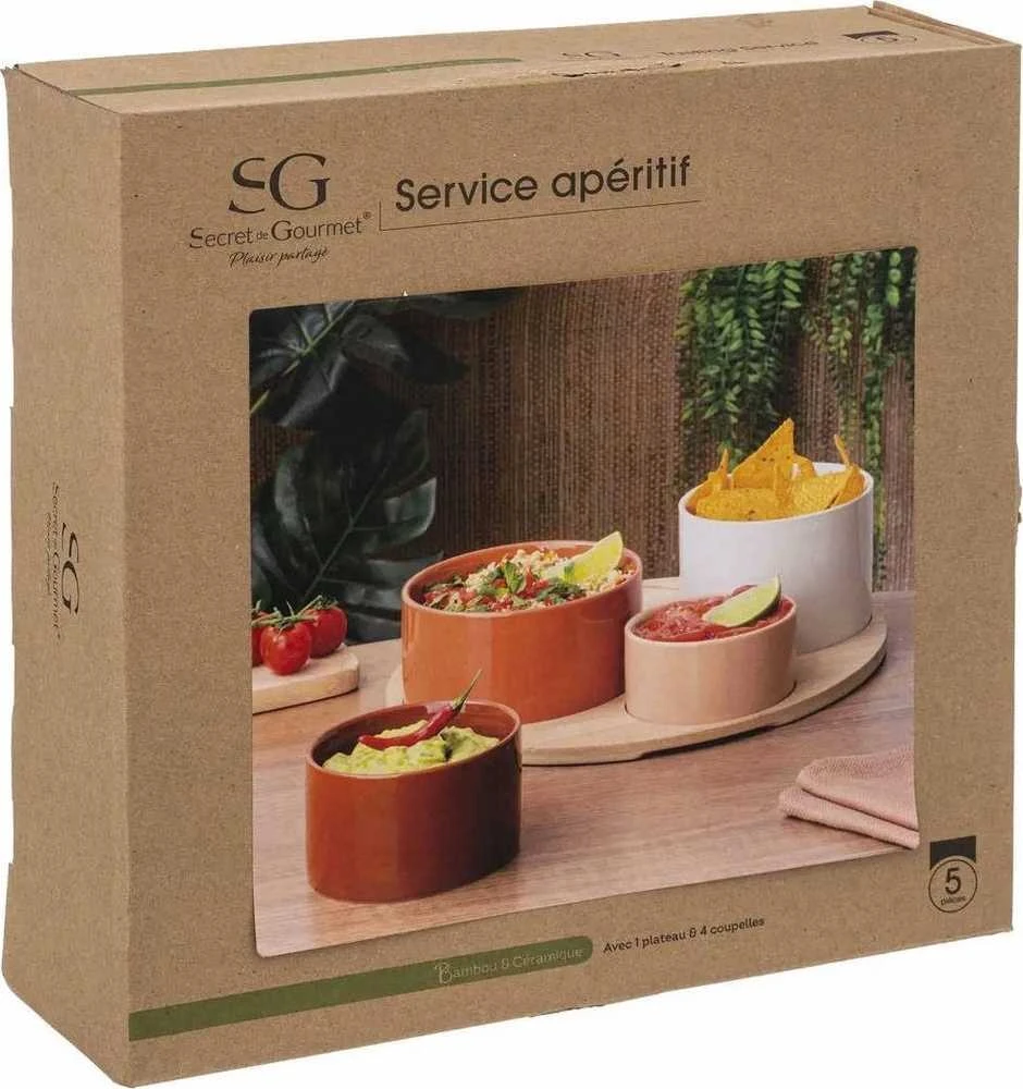 Secret De Gourmet PIECES Užkandžių serviravimo rinkinys, bambuko stovas, 5 dalys