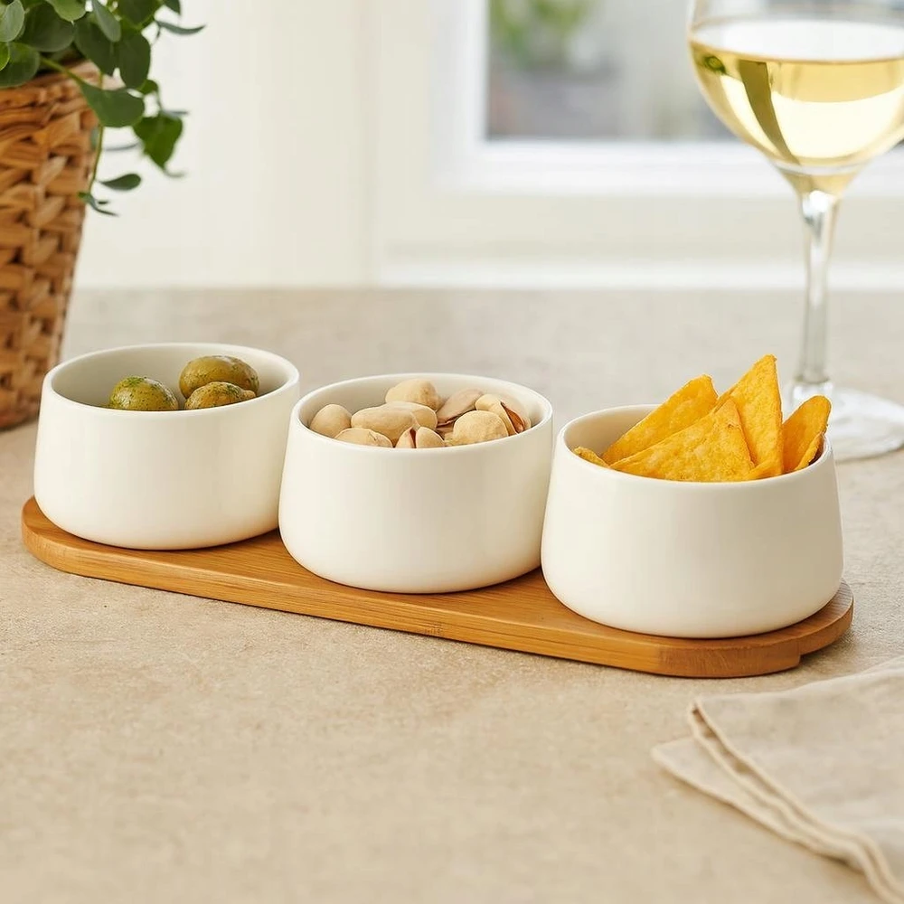 Secret De Gourmet Bamboo Porcelianinių mirkymo indelių rinkinys APERIO, 3 x 200 ml, bambukinis padėklas