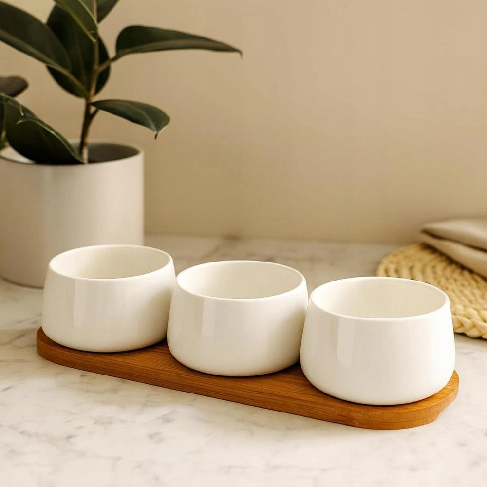 Secret De Gourmet Bamboo Porcelianinių mirkymo indelių rinkinys APERIO, 3 x 200 ml, bambukinis padėklas
