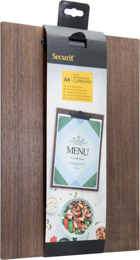 Menu Securit Securit® A4 formato meniu laikiklis su riešutmedžio spaustuku