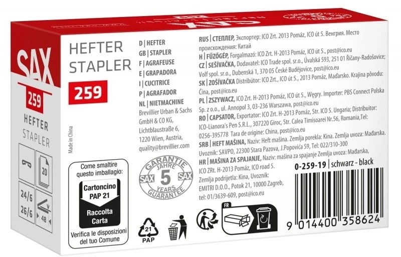 Segtuvas SAX 259 EasyPro S, susegą iki 20 lapų, 24/6, 26/6, juodas (ISAXE259-05)