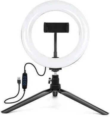 Žiedinė lempa E-LIGHT Kijek ST6-5 16 cm 10 W LED žiedinė lempa su telefonų laikikliu + 0,5 m metalinis trikojis stovas + BT nuotolinio valdymo pultelis Juoda (ELIG-ST6-05M)