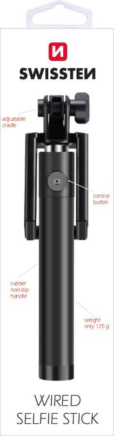 Swissten asmenukių lazda su laidu Wired Selfie Stick 81cm su valdymo mygtuku (Juoda)