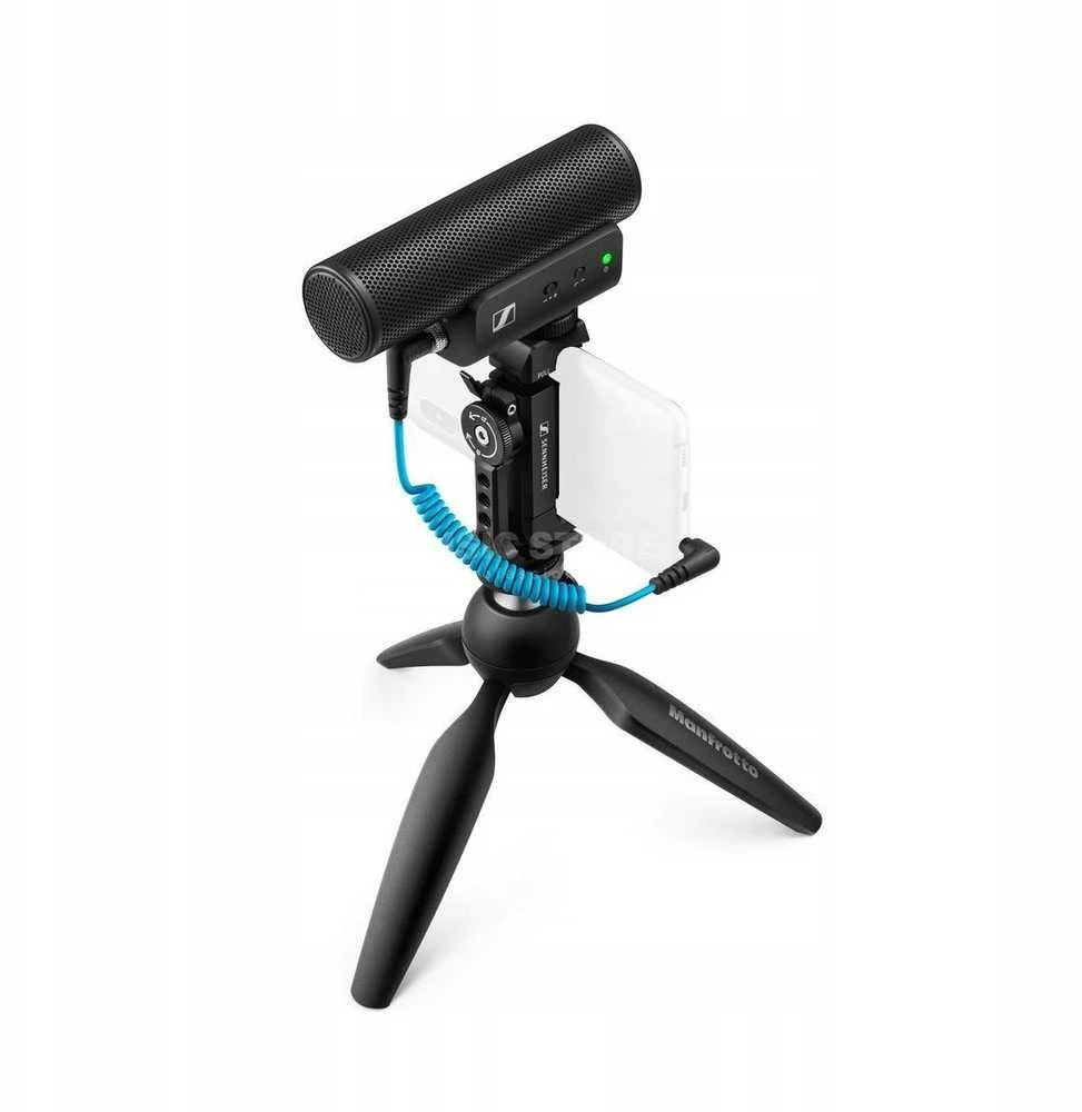 „Sennheiser MKE 400 Mobile Kit“ – kondensatorinis superkardioidinis mikrofonas su žemo dažnio filtru ir „Manfrotto“ trikoju