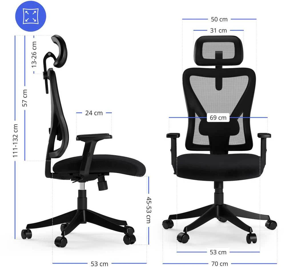 Sense7 TONE kėdės techniniai matmenys