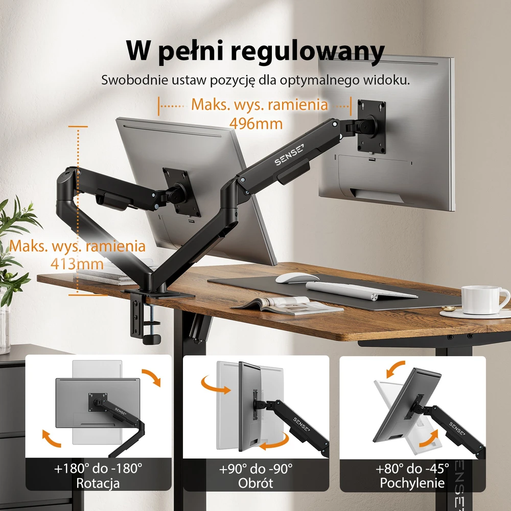 SENSE7 Laikiklis biurkowy na 2 monitory 17''-32'' HANG DOUBLE Light
