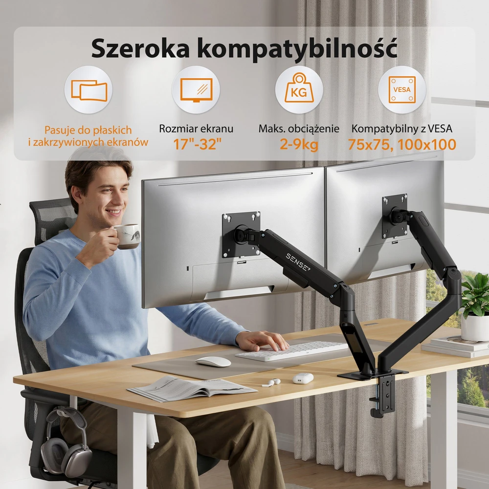 SENSE7 Laikiklis biurkowy na 2 monitory 17''-32'' HANG DOUBLE Light