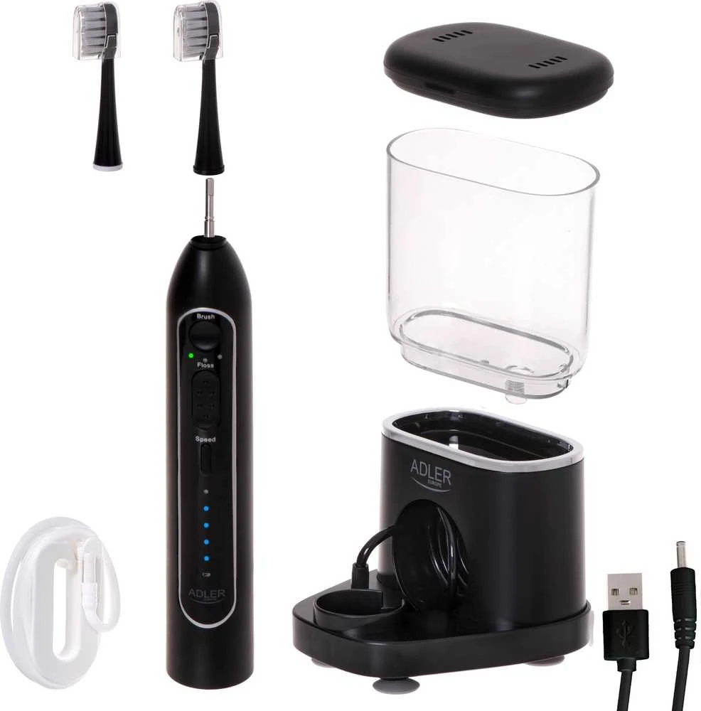 Dantų šepetėlis Adler | 2-in-1 Vanduo Flossing Sonic | AD 2180b | Įkraunamas | Suaugusiems | Šepetėlių skaičius galvutės įeina 2 | Number of teeth brushing modes 1 | Juodas