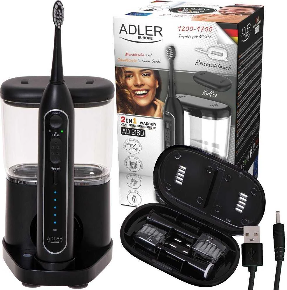 Dantų šepetėlis Adler | 2-in-1 Vanduo Flossing Sonic | AD 2180b | Įkraunamas | Suaugusiems | Šepetėlių skaičius galvutės įeina 2 | Number of teeth brushing modes 1 | Juodas