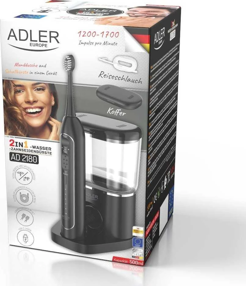 Dantų šepetėlis Adler | 2-in-1 Vanduo Flossing Sonic | AD 2180b | Įkraunamas | Suaugusiems | Šepetėlių skaičius galvutės įeina 2 | Number of teeth brushing modes 1 | Juodas