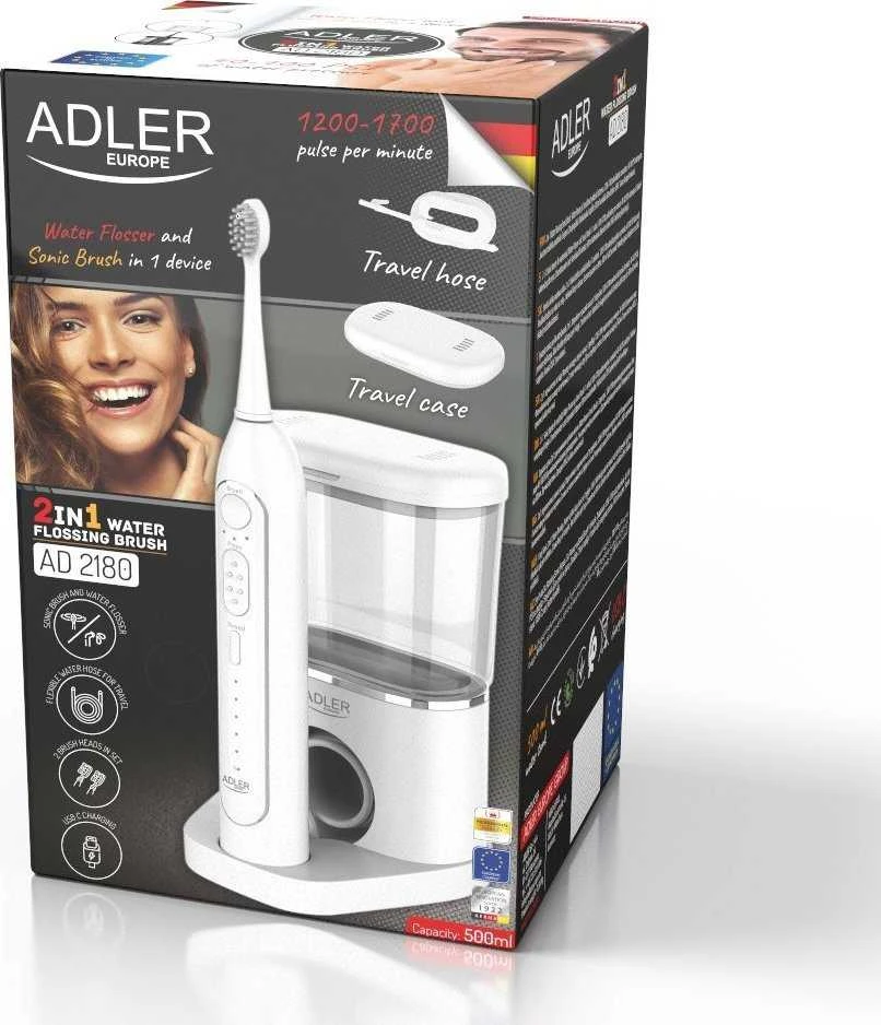 Dantų šepetėlis Adler | 2-in-1 Vanduo Flossing Sonic | AD 2180w | Įkraunamas | Suaugusiems | Šepetėlių skaičius galvutės įeina 2 | Number of teeth brushing modes 1 | Baltas