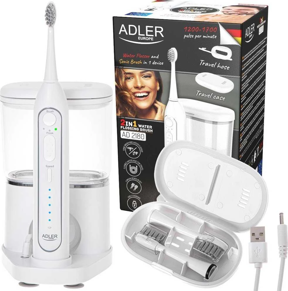 Dantų šepetėlis Adler | 2-in-1 Vanduo Flossing Sonic | AD 2180w | Įkraunamas | Suaugusiems | Šepetėlių skaičius galvutės įeina 2 | Number of teeth brushing modes 1 | Baltas
