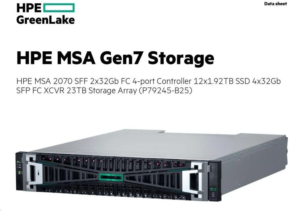Serveris „Hewlett Packard“ (HP) HPE MSA 2070 SFF 2x32Gb FC 4 prievadų valdiklis 12x1.92TB SSD 4x32Gb SFP FC XCVR 23TB saugyklos masyvas, montuojamas ant stovo (2U)