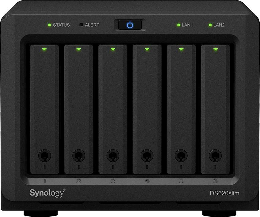 Serveris „Synology Tower NAS DS620slim“ iki 6 HDD / SSD karšto keitimo, „Celeron J3355“ dviejų branduolių, procesoriaus dažnis 2 GHz, 2 GB, DDR3L, RAID 0,1,5,6,10, hibridinis, 2 x 1 GbE, 2 x USB 3.2 1 kartos prievadas, vienas ventiliatorius