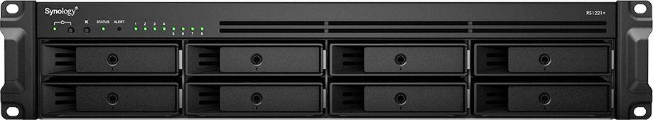 Serveris SYNOLOGY RS1221RP+ 8 skyrių NAS-Rackmount AMD Ryzen V1500B keturių branduolių 2,2 GHz 4GB DDR4 iki 32GB RJ-45 4x1GbE 2xUSB 3.2 1xeSATA