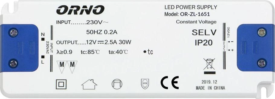Orno Maitinimo šaltinis Plokščias LED maitinimo šaltinis 12VDC 30W, IP20, aukštis 18mm