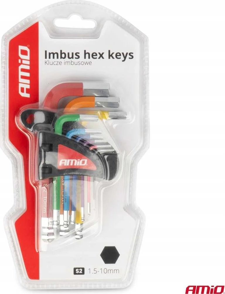 HEX (imbus) raktai su kamuoliuku, trumpi, 9 vnt., S2 AMIO-04298