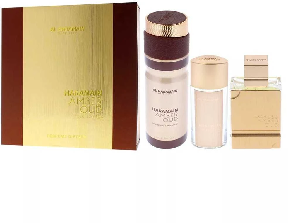 Al Haramain Amber Oud Gold Edition parfuminio vandens purškimo rinkinys 75ml + parfuminio vandens purškiklis 30ml + purškiamas dezodorantas 200ml
