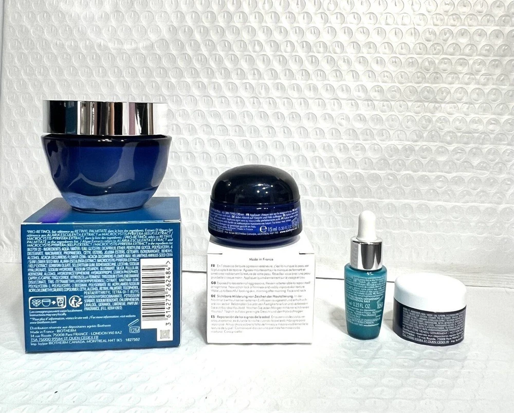 Set Biotherm: Mėlyna Pro-Retinol Multi Correcting Kreminis For Face, 50 ml + Life Plankton Eliksyras Regenerating Day & Night Serum For Face, 7 ml + Mėlyna Therapy Anti-Aging Night Kreminis For Face, 15 ml + Mėlyna Therapy Anti-Ageing Paakių kremas, 15 ml
