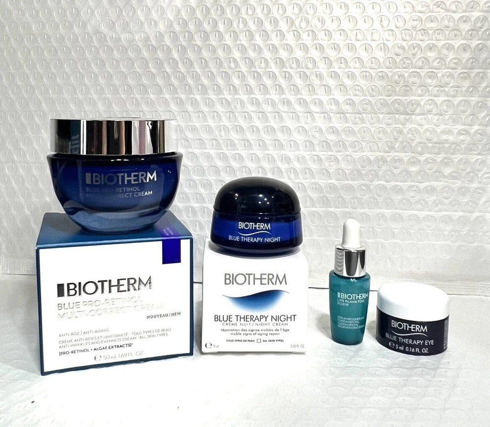 Set Biotherm: Mėlyna Pro-Retinol Multi Correcting Kreminis For Face, 50 ml + Life Plankton Eliksyras Regenerating Day & Night Serum For Face, 7 ml + Mėlyna Therapy Anti-Aging Night Kreminis For Face, 15 ml + Mėlyna Therapy Anti-Ageing Paakių kremas, 15 ml