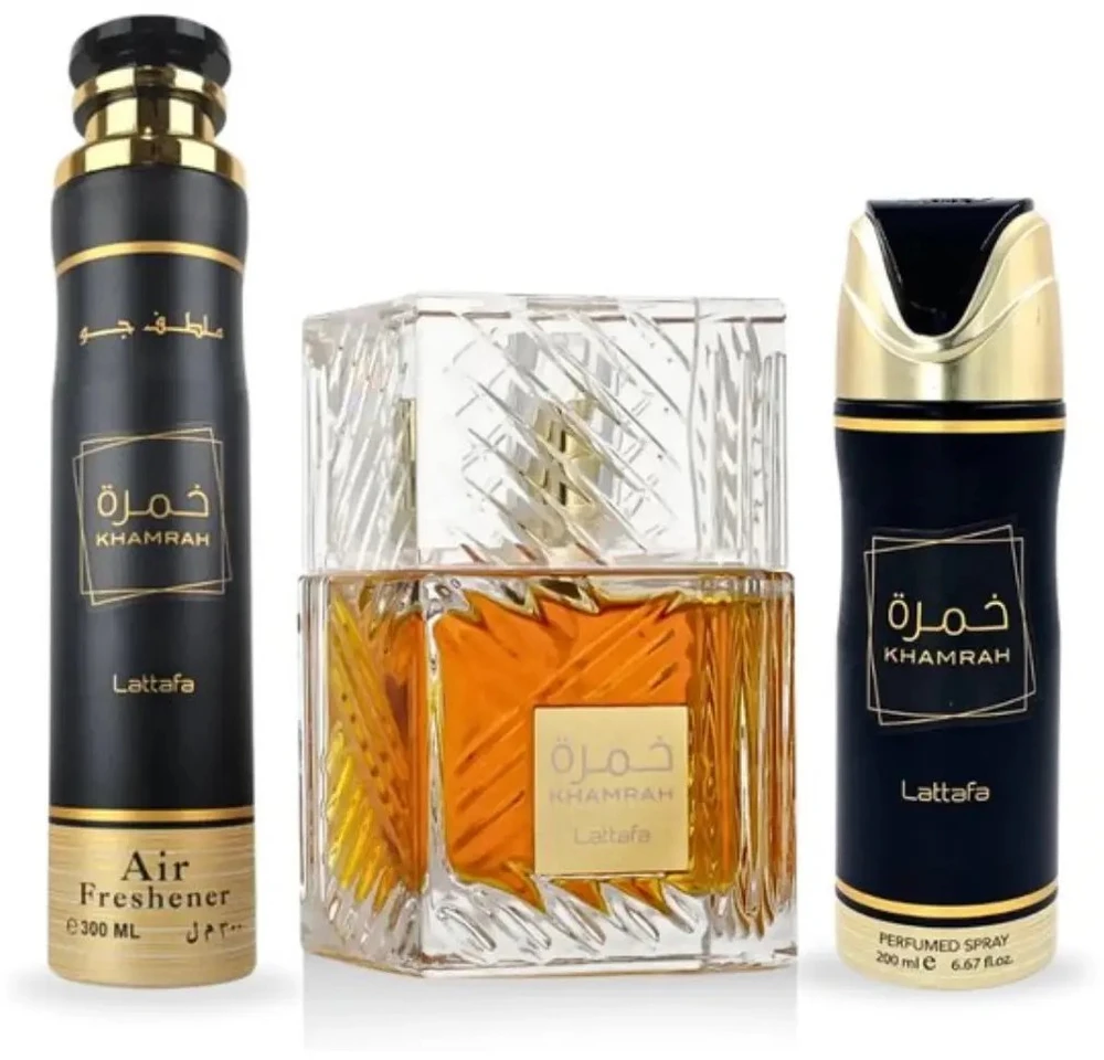 Lattafa Khamrah EDP rinkinys unisex (EDP 100 ml + Dezodorantas 200 ml + Air Freshener 300 ml)