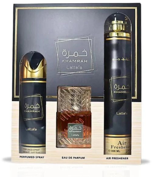Lattafa Khamrah EDP rinkinys unisex (EDP 100 ml + Dezodorantas 200 ml + Air Freshener 300 ml)