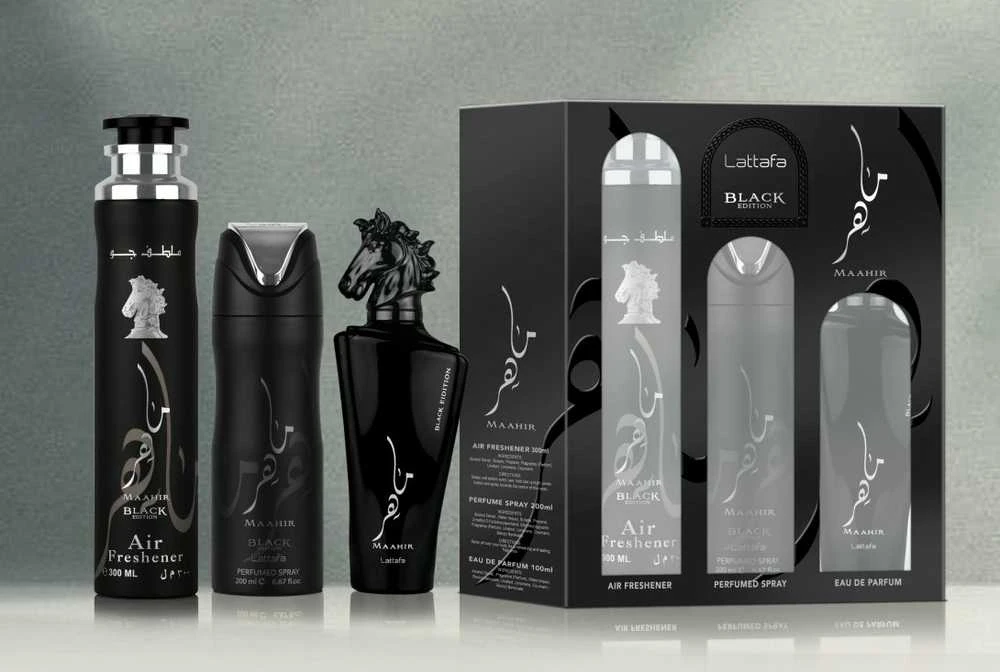 Lattafa Maahir Juodas Edition Giftset rinkinys unisex (EDP, 100 ml + dezodorantas, 200 ml + purškiamas namų kvapas, 300 ml)