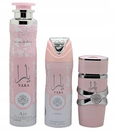 Lattafa Yara EDP rinkinys moterims (EDP 100 ml + Dezodorantas 200 ml + Air Freshener 300 ml)