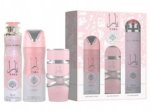 Lattafa Yara EDP rinkinys moterims (EDP 100 ml + Dezodorantas 200 ml + Air Freshener 300 ml)
