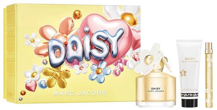Rinkinys Marc Jacobs: „Daisy“ tualetinis vanduo moterims, 100 ml + „Daisy“ tualetinis vanduo moterims, 10 ml + „Daisy“ drėkinamasis losjonas kūnui, 75 ml